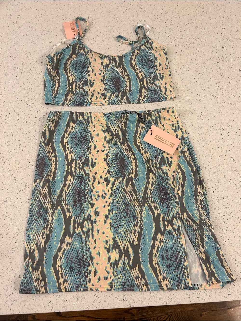 Missguided Blue Cream Black Snake Print Matching Set